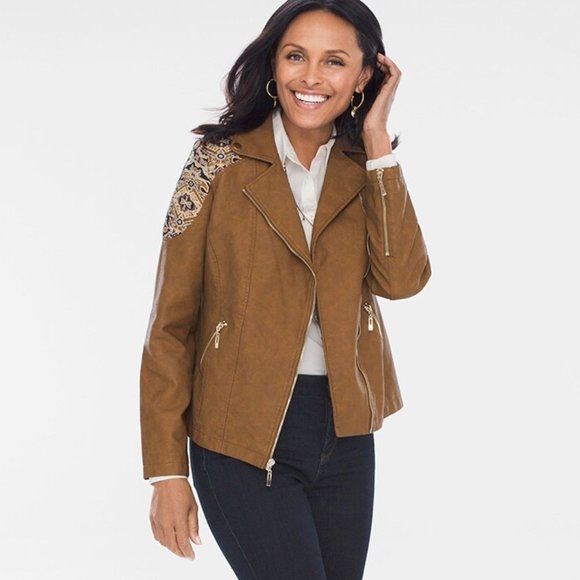 Chico's Jackets & Blazers - CHICO'S Faux-Leather Jacquard Moto Jacket Size 2/ 12